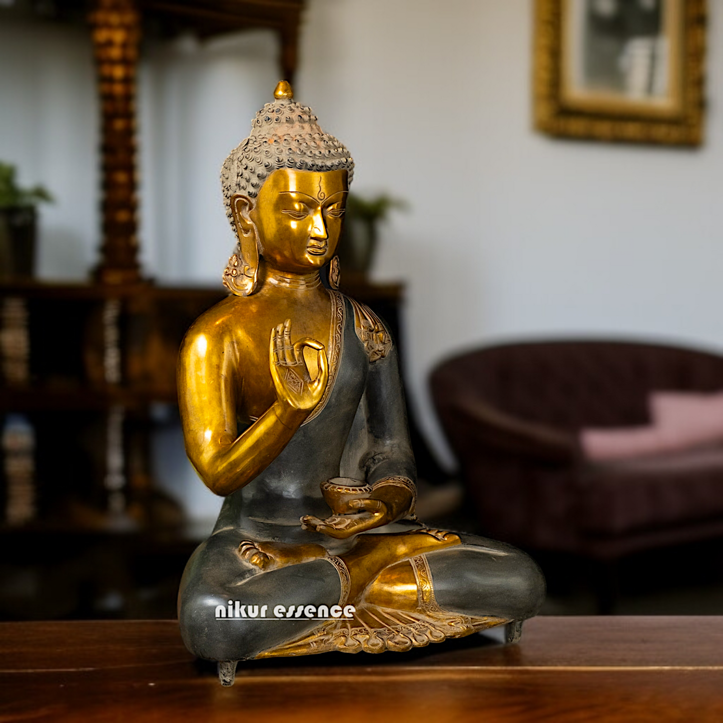 Buddha Sitting with Blessing Brass idol - 19 Inches Nikuressence