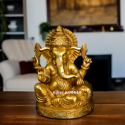Pure Brass Ganesha seated with Four Armed statue - 6 Inches Nikuressence