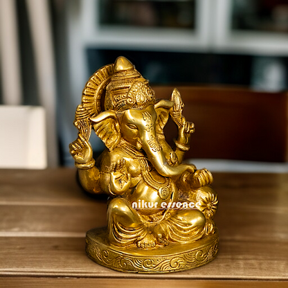 Pure Brass Ganesha seated with Four Armed statue - 6 Inches Nikuressence