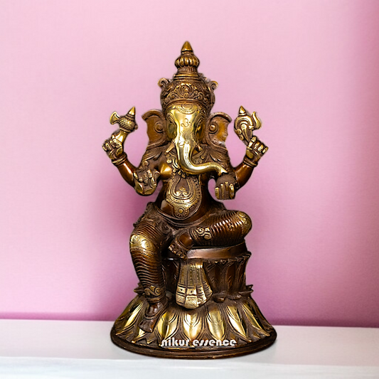 Brass Ganesha Sitting on throne with Four Armed statue - 14.5 Inches Nikuressence