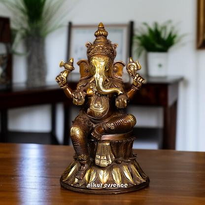 Brass Ganesha Sitting on throne with Four Armed statue - 14.5 Inches Nikuressence