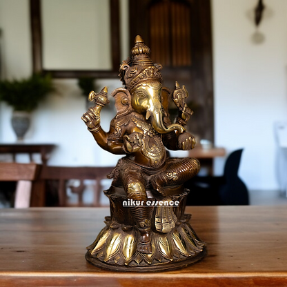 Brass Ganesha Sitting on throne with Four Armed statue - 14.5 Inches Nikuressence