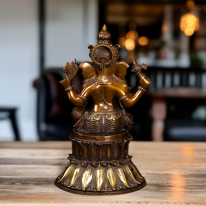 Brass Ganesha Sitting on throne with Four Armed statue - 14.5 Inches Nikuressence