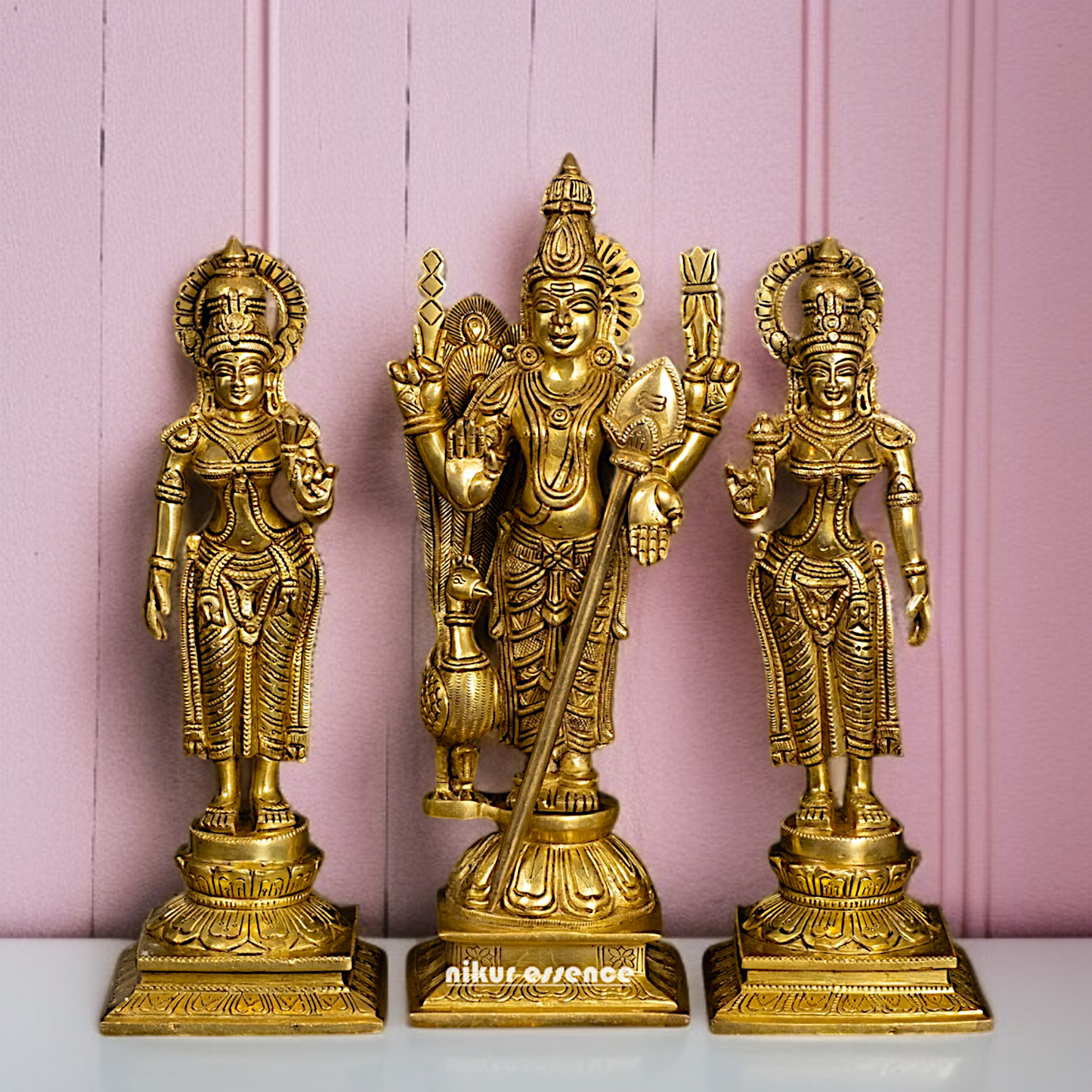 Pure Brass Murugan Kartikeya with Deivanai and Valli statue - 14 Inches Nikuressence