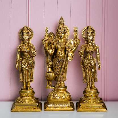Pure Brass Murugan Kartikeya with Deivanai and Valli statue - 14 Inches Nikuressence