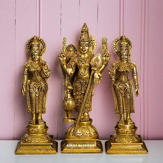 Pure Brass Murugan Kartikeya with Deivanai and Valli statue - 14 Inches Nikuressence