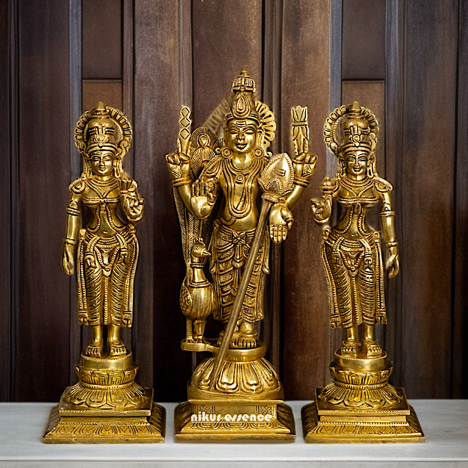 Pure Brass Murugan Kartikeya with Deivanai and Valli statue - 14 Inches Nikuressence