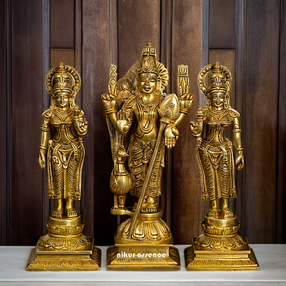 Pure Brass Murugan Kartikeya with Deivanai and Valli statue - 14 Inches Nikuressence