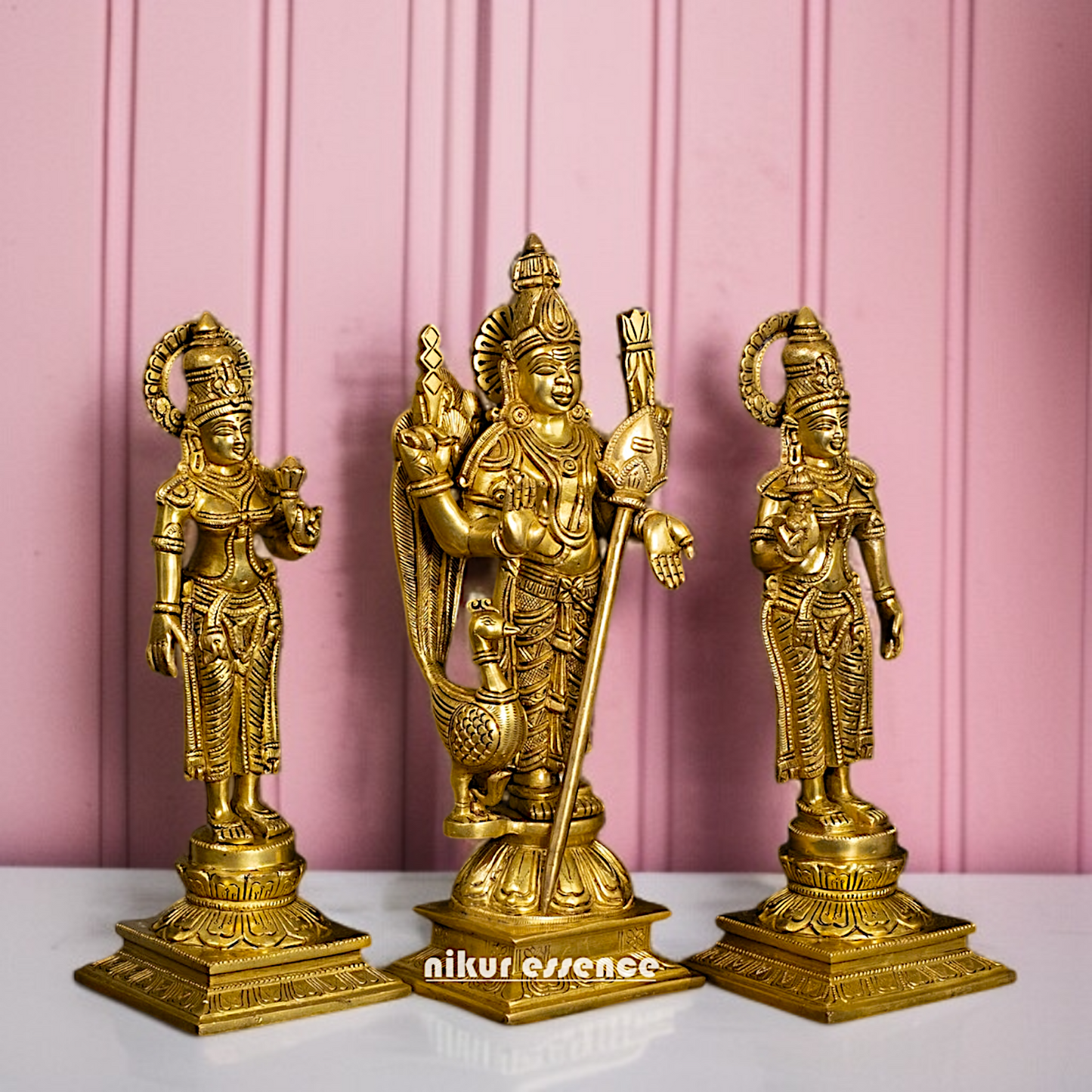Pure Brass Murugan Kartikeya with Deivanai and Valli statue - 14 Inches Nikuressence