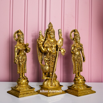 Pure Brass Murugan Kartikeya with Deivanai and Valli statue - 14 Inches Nikuressence