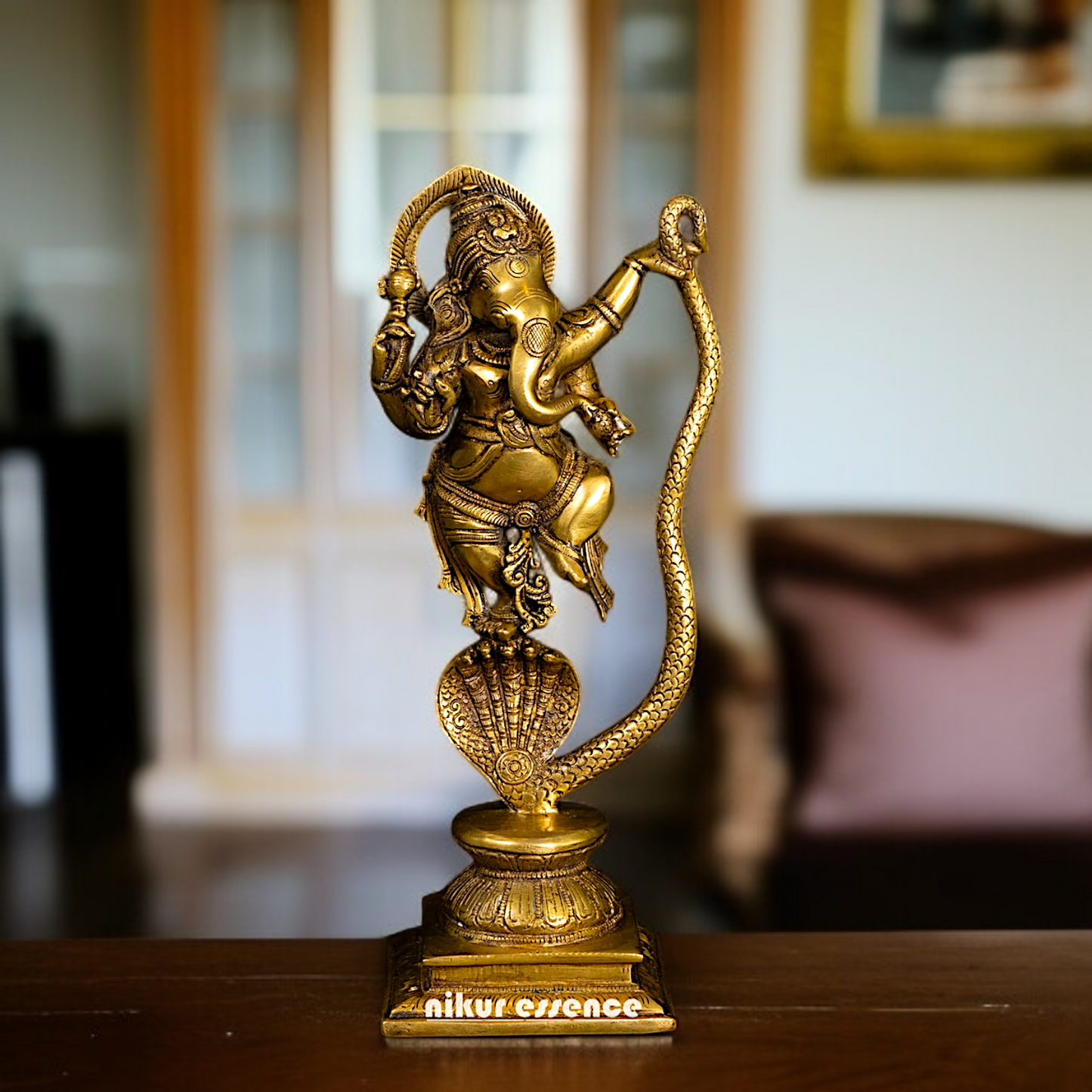Solid Brass Ganesha Dancing on Kaliya naag statue - 11 Inches Nikuressence