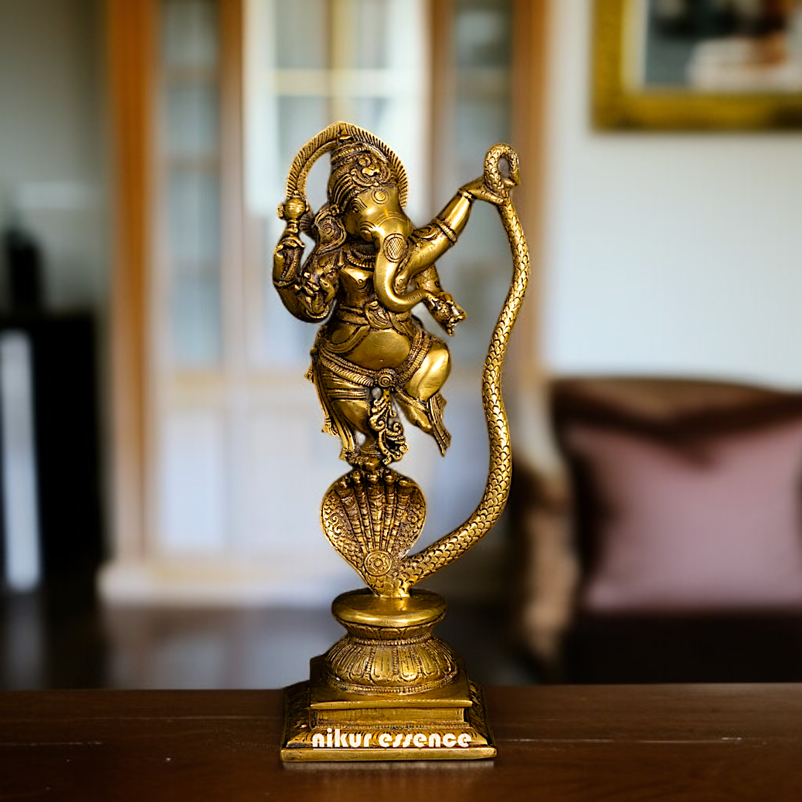 Solid Brass Ganesha Dancing on Kaliya naag statue - 11 Inches Nikuressence