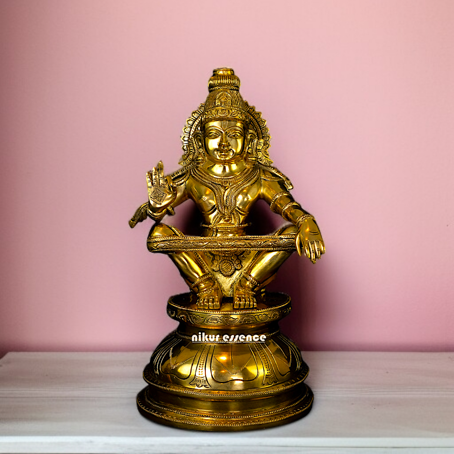 Pure Brass Ayyappa seated with Blessing idol - 14 Inches Nikuressence