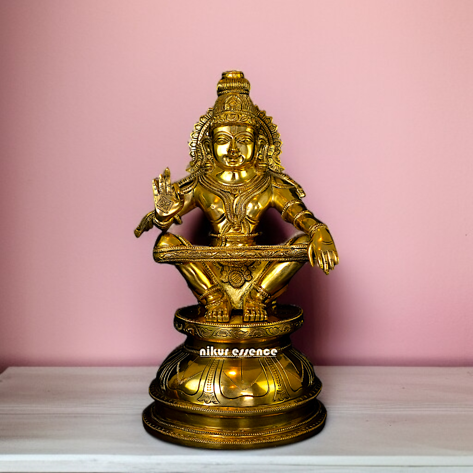 Pure Brass Ayyappa seated with Blessing idol - 14 Inches Nikuressence