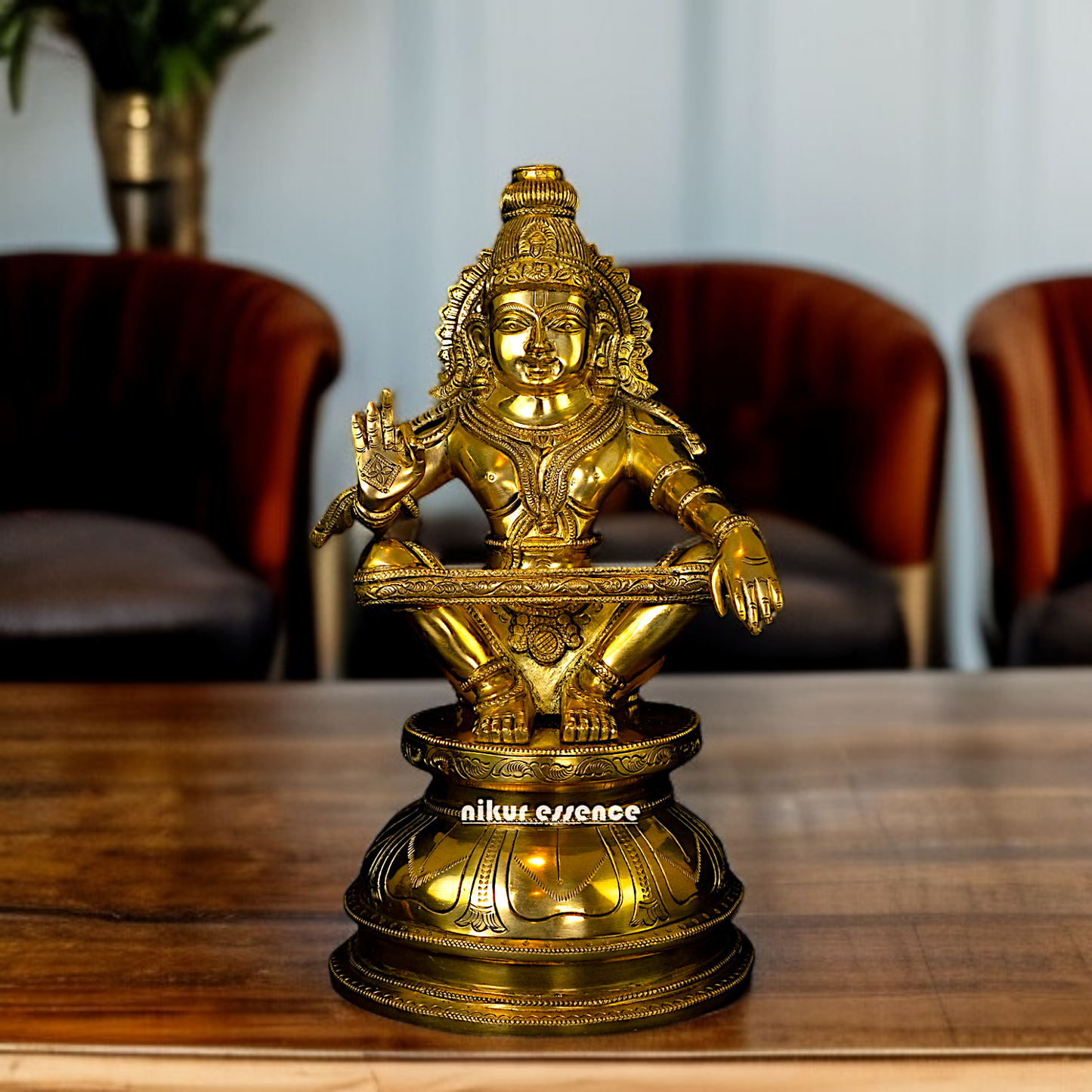 Pure Brass Ayyappa seated with Blessing idol - 14 Inches Nikuressence