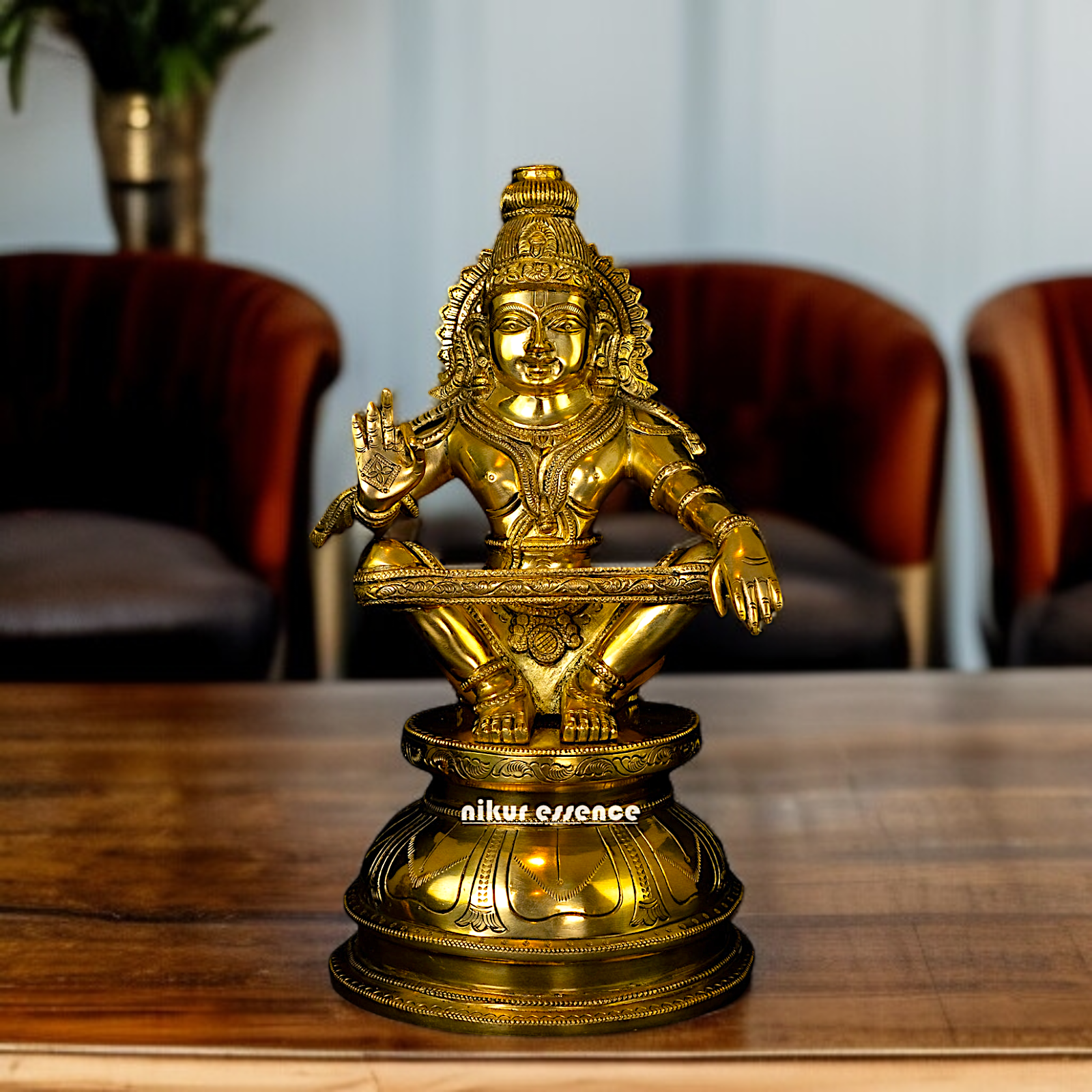 Pure Brass Ayyappa seated with Blessing idol - 14 Inches Nikuressence