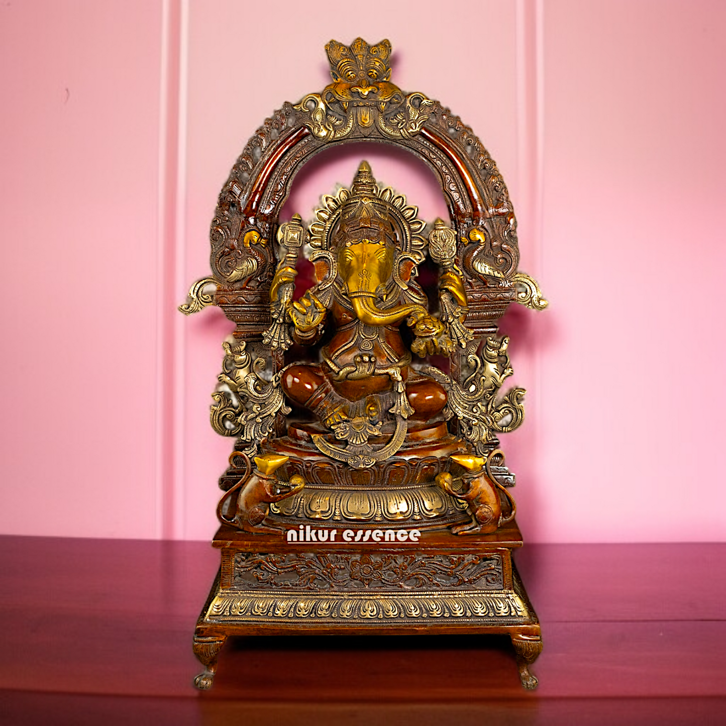 Lord Ganesha Ganpati seated on singhasan Brass statue - 27 Inches Nikuressence