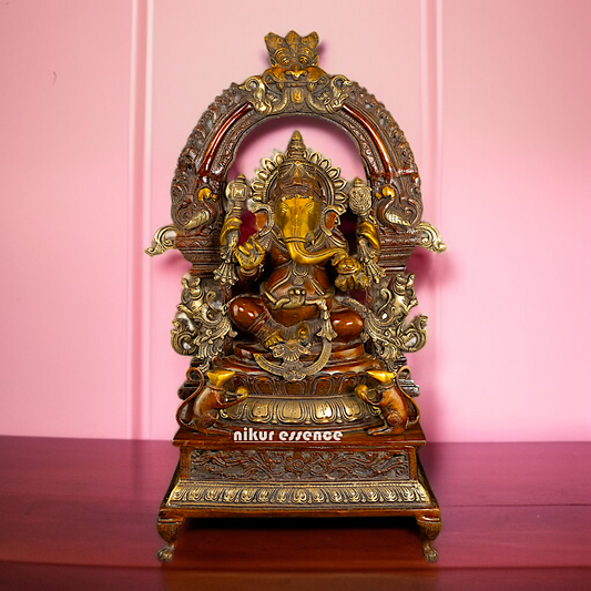 Lord Ganesha Ganpati seated on singhasan Brass statue - 27 Inches Nikuressence