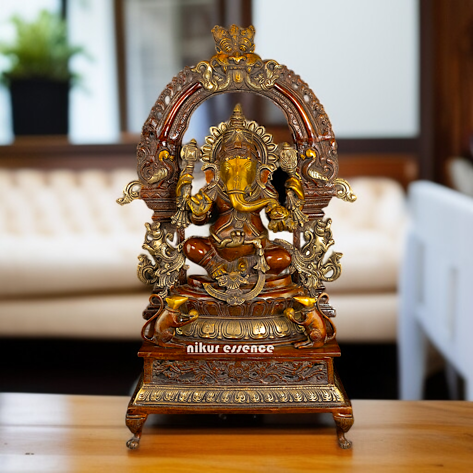 Lord Ganesha Ganpati seated on singhasan Brass statue - 27 Inches Nikuressence