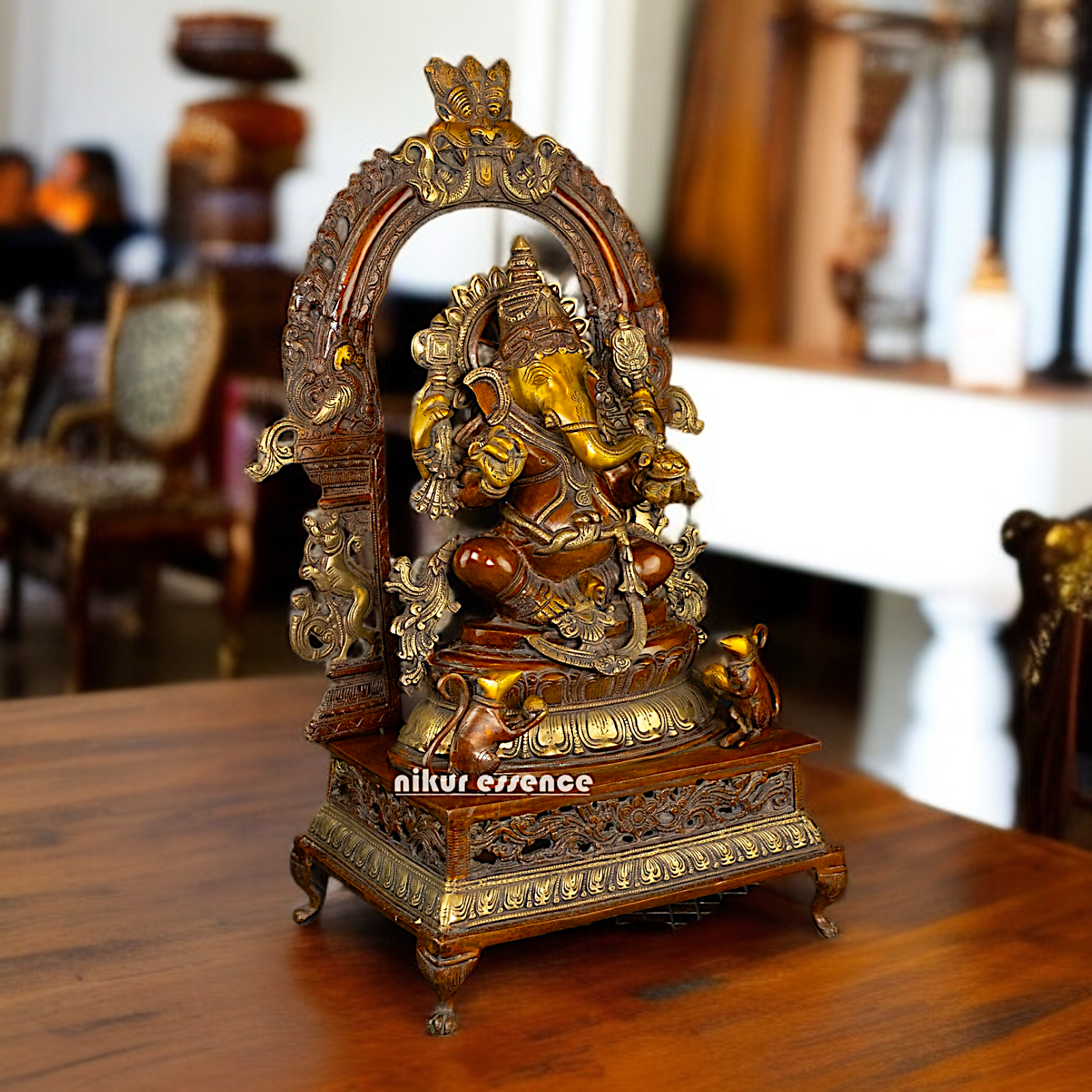 Lord Ganesha Ganpati seated on singhasan Brass statue - 27 Inches Nikuressence