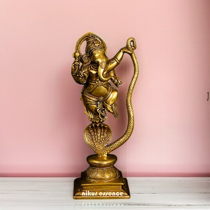 Solid Brass Ganesha Dancing on Kaliya naag statue - 11 Inches Nikuressence