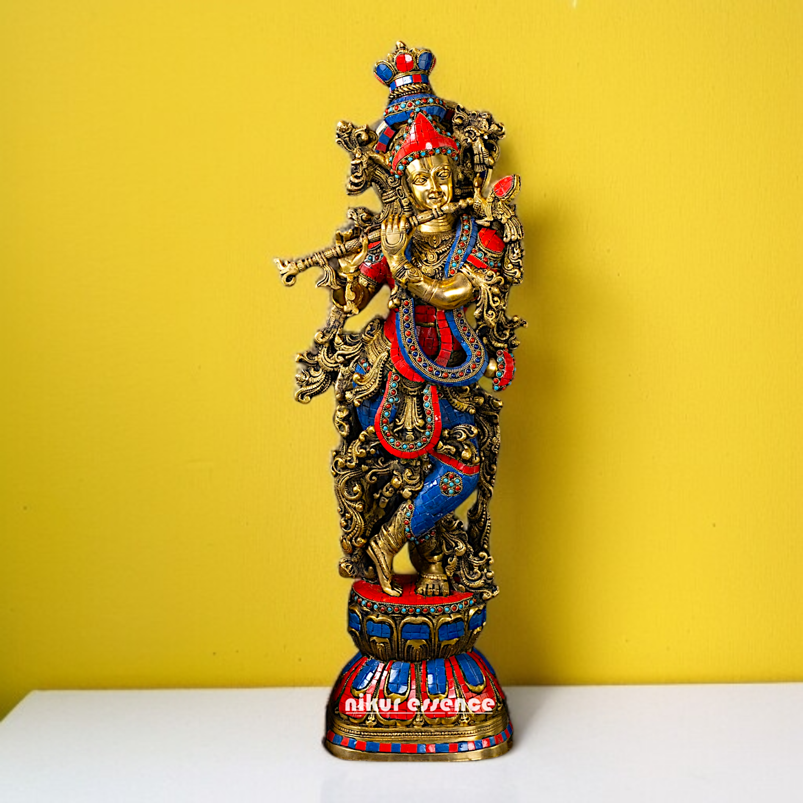 Large Krishna with Playing Flute standing Brass with stone work idol - 29 Inches Nikuressence