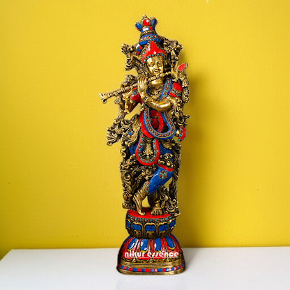 Large Krishna with Playing Flute standing Brass with stone work idol - 29 Inches Nikuressence
