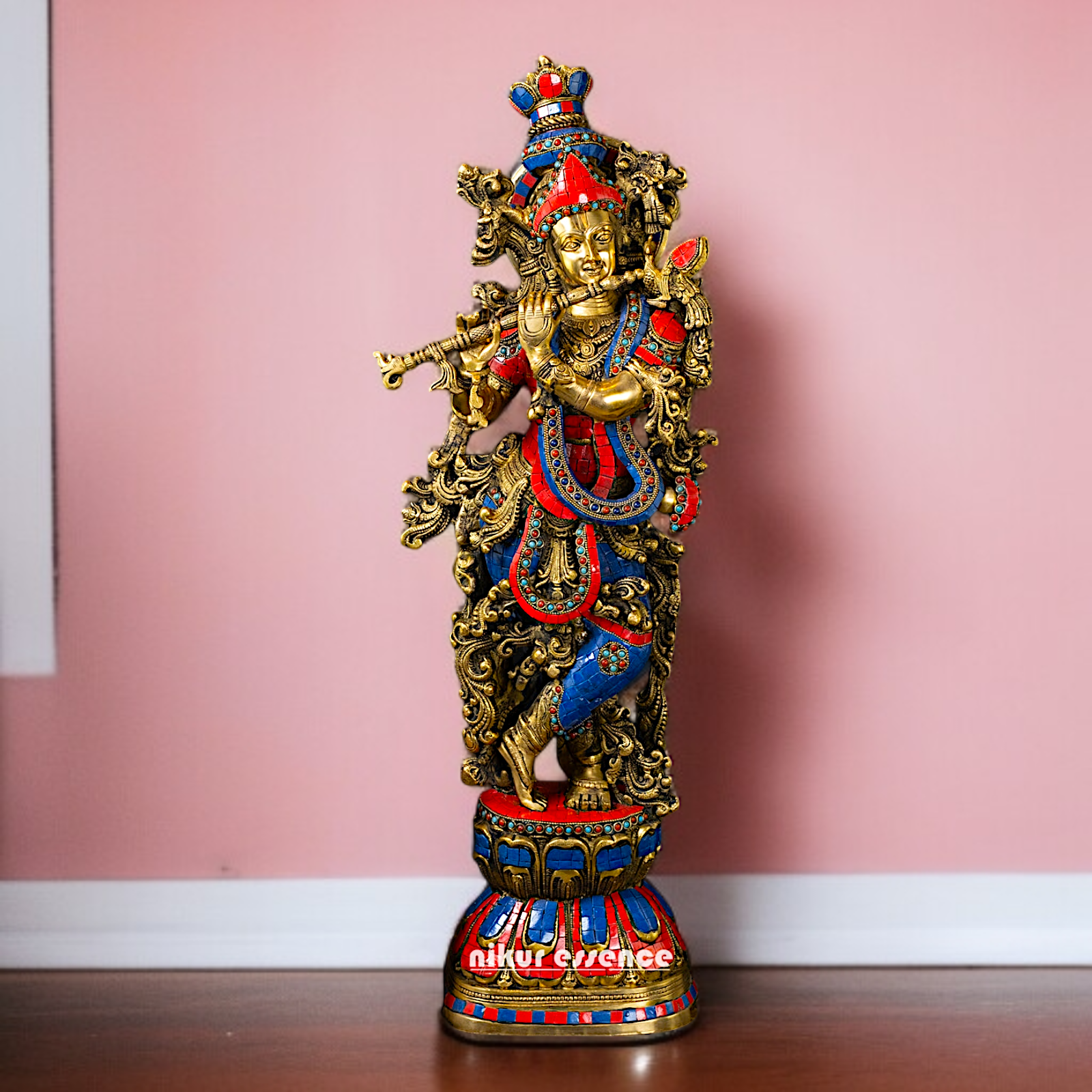 Large Krishna with Playing Flute standing Brass with stone work idol - 29 Inches Nikuressence