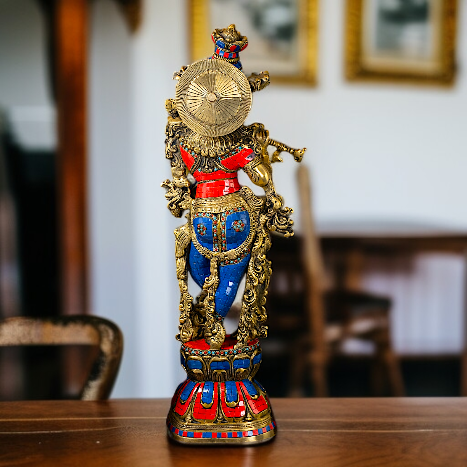 Large Krishna with Playing Flute standing Brass with stone work idol - 29 Inches Nikuressence