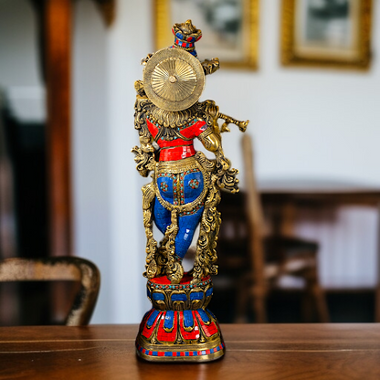 Large Krishna with Playing Flute standing Brass with stone work idol - 29 Inches Nikuressence