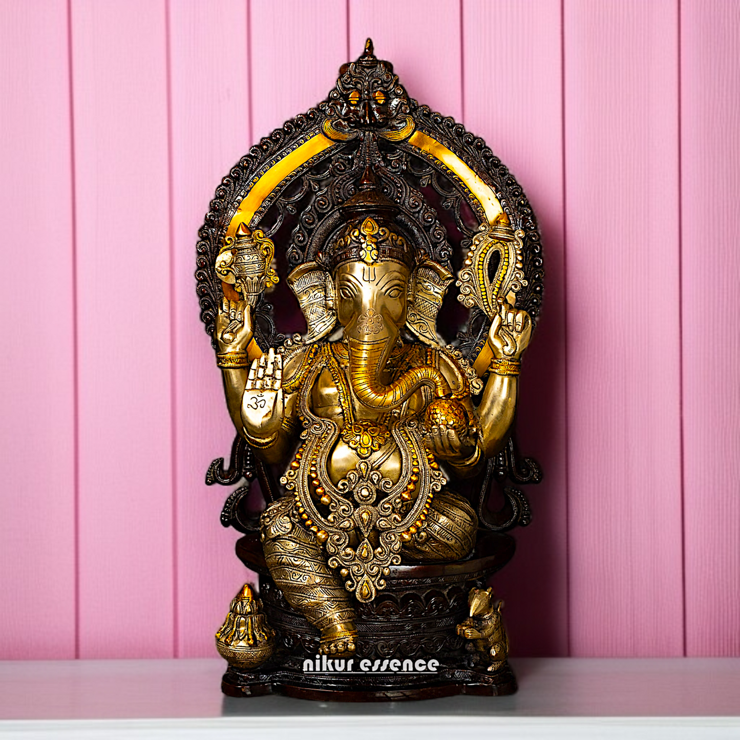 Large Ganesha Seated on singhasan Brass idol -26 Inches Nikuressence