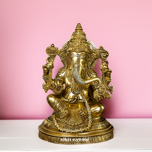 Solid Brass Ganesha Sitting with Four hand - 11 Inches Nikuressence
