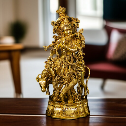 Online krishna with cow standing Playing Flute solid Brass idol - 26 Inches Nikuressence
