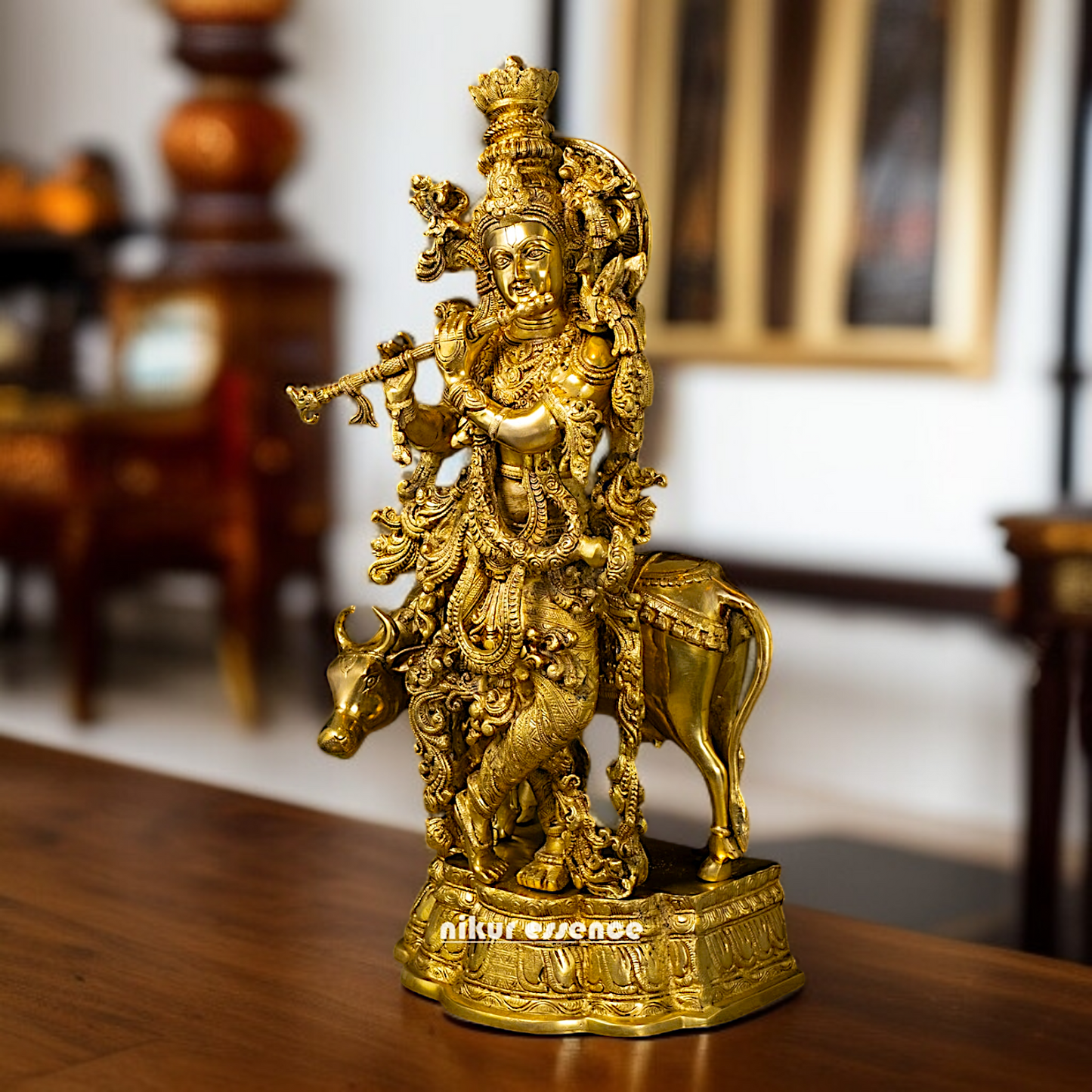 Online krishna with cow standing Playing Flute solid Brass idol - 26 Inches Nikuressence