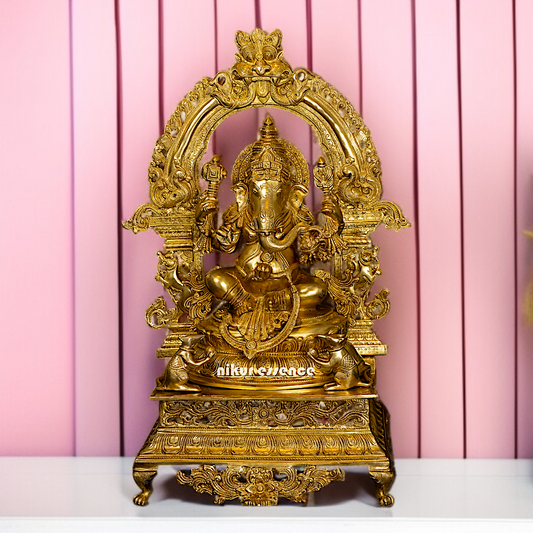 Large Ganesha Vinayaka Seated on singhasan Brass statue - 28 Inches Nikuressence
