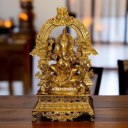 Large Ganesha Vinayaka Seated on singhasan Brass statue - 28 Inches Nikuressence
