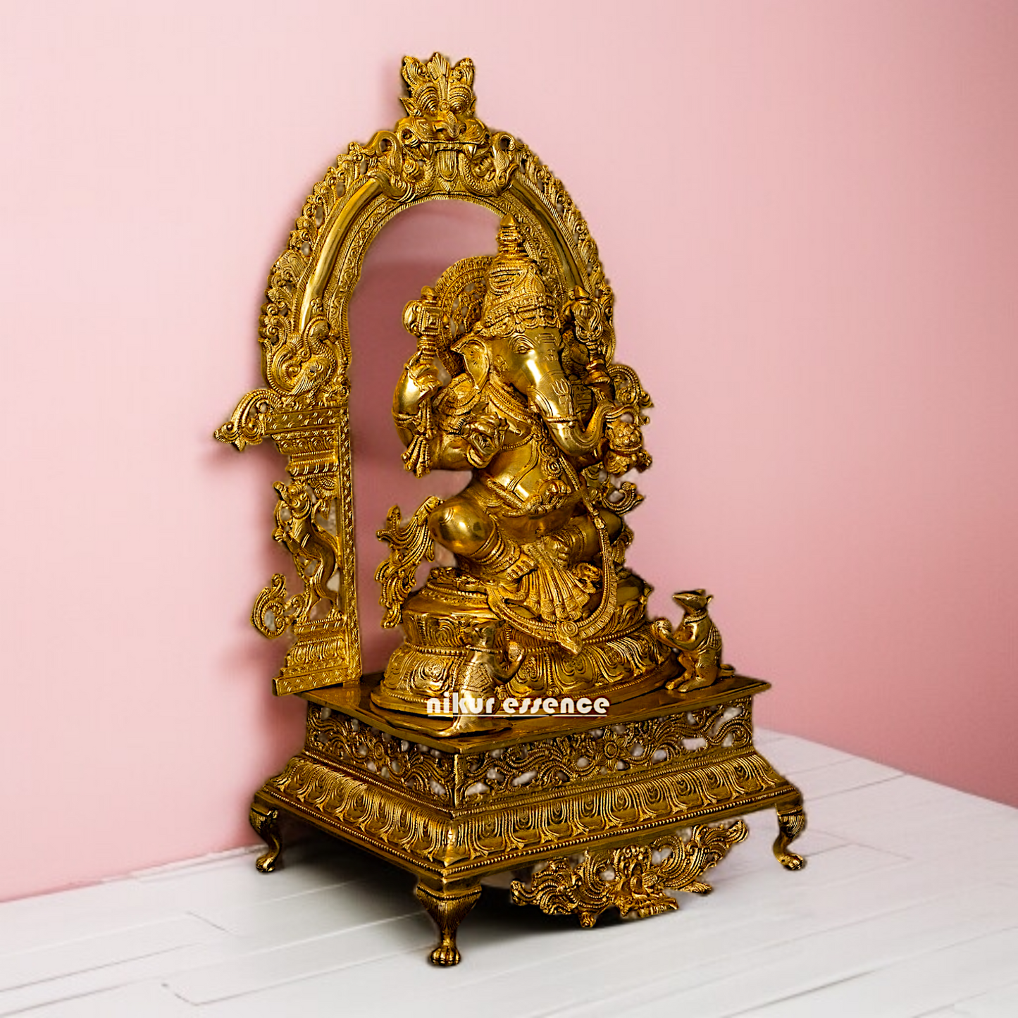 Large Ganesha Vinayaka Seated on singhasan Brass statue - 28 Inches Nikuressence