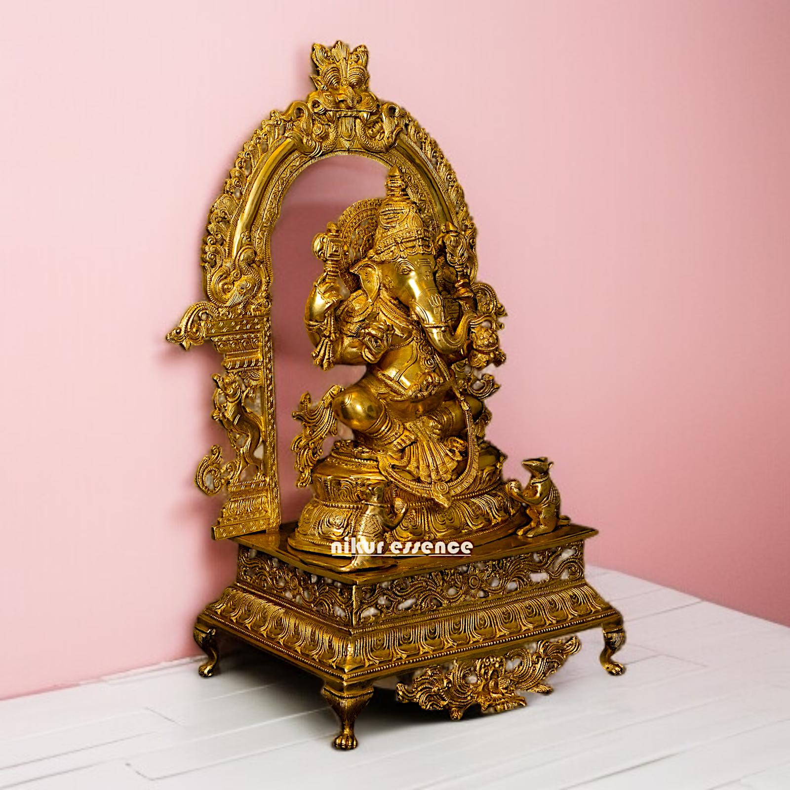 Large Ganesha Vinayaka Seated on singhasan Brass statue - 28 Inches Nikuressence