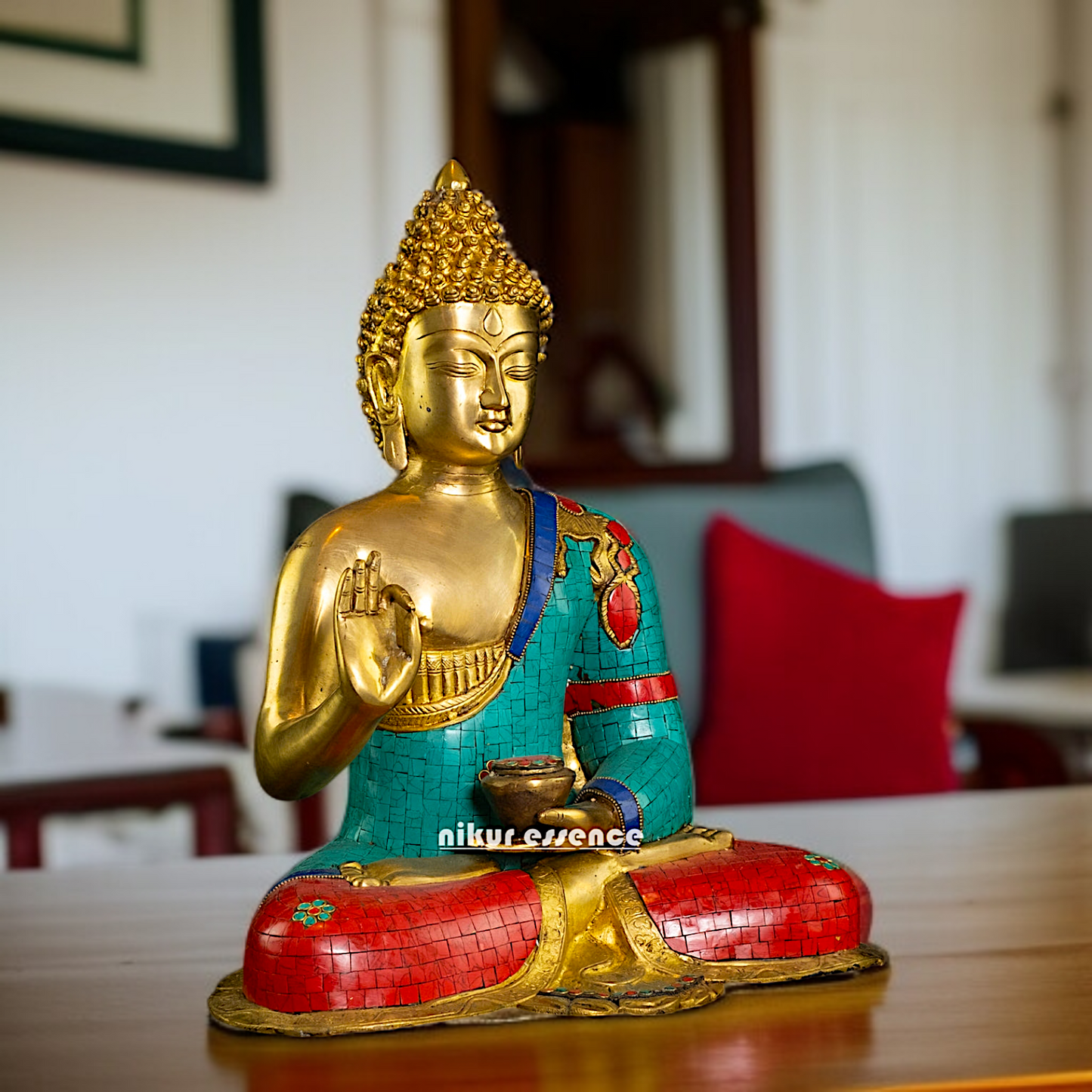 Buy Buddha with Blessing seated Brass stone work idol - 17 Inches Nikuressence