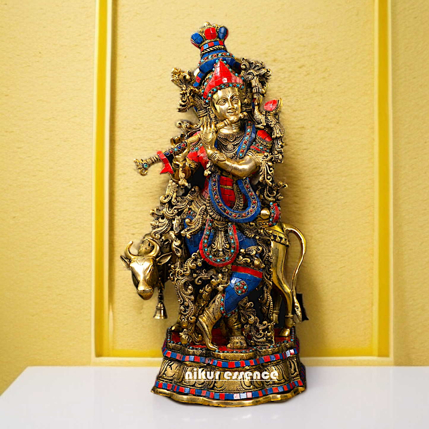 Big Krishna with cow standing Playing Flute Brass stone work - 26 Inches Nikuressence