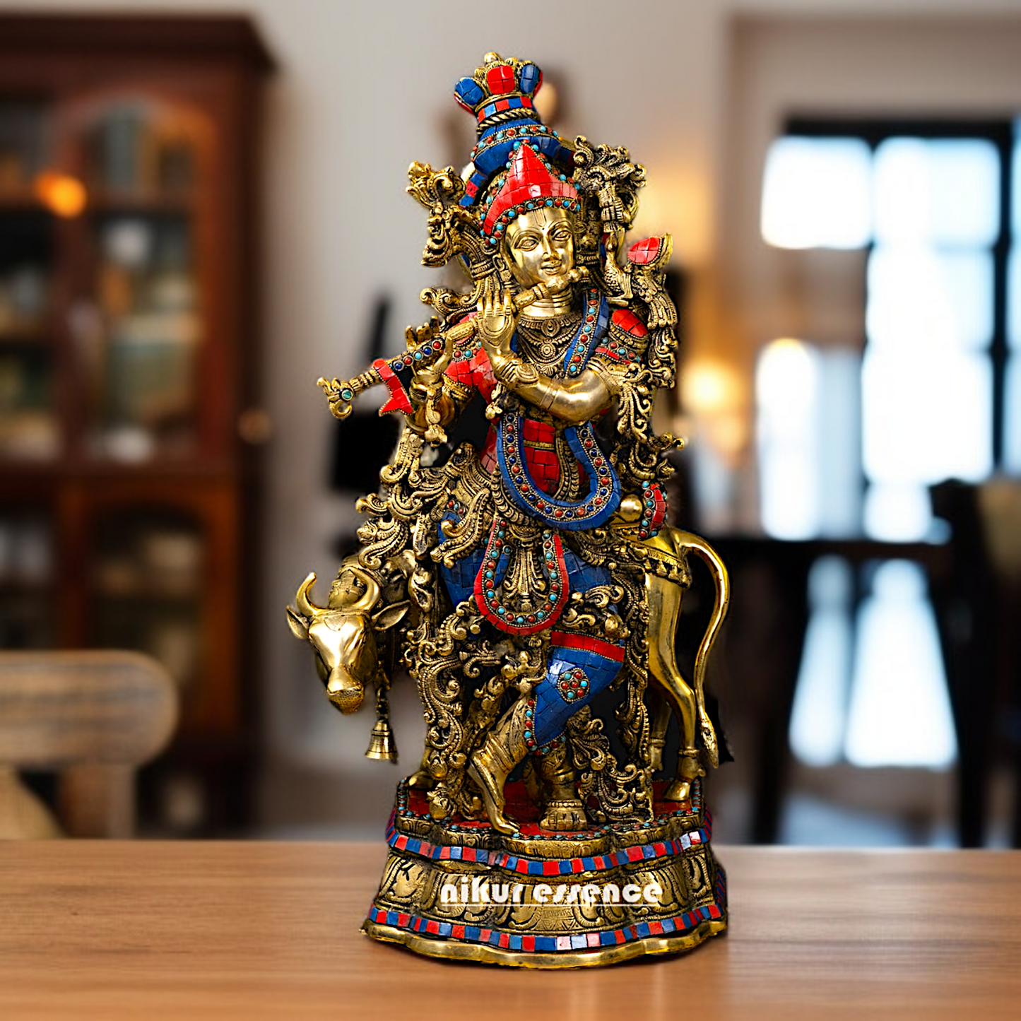 Big Krishna with cow standing Playing Flute Brass stone work - 26 Inches Nikuressence