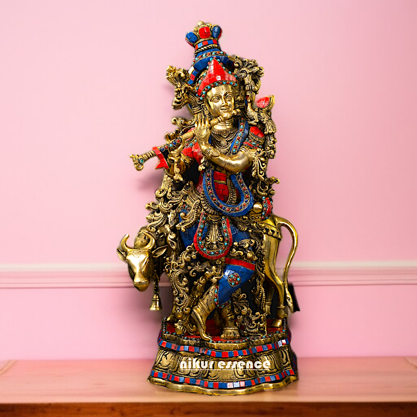 Big Krishna with cow standing Playing Flute Brass stone work - 26 Inches Nikuressence