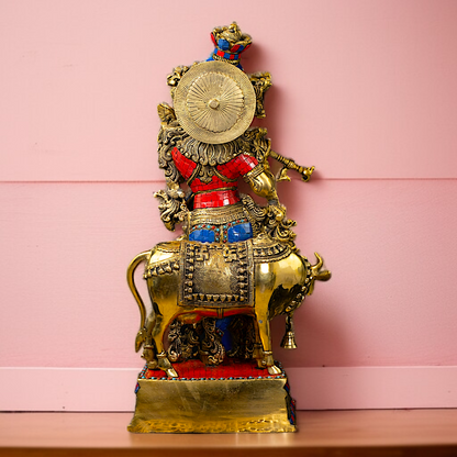 Big Krishna with cow standing Playing Flute Brass stone work - 26 Inches Nikuressence