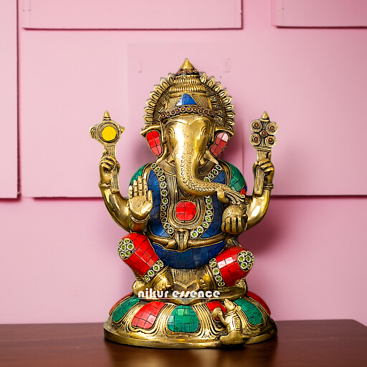 Brass Ganesha seated on throne with Four Armed stone work - 13 Inches Nikuressence