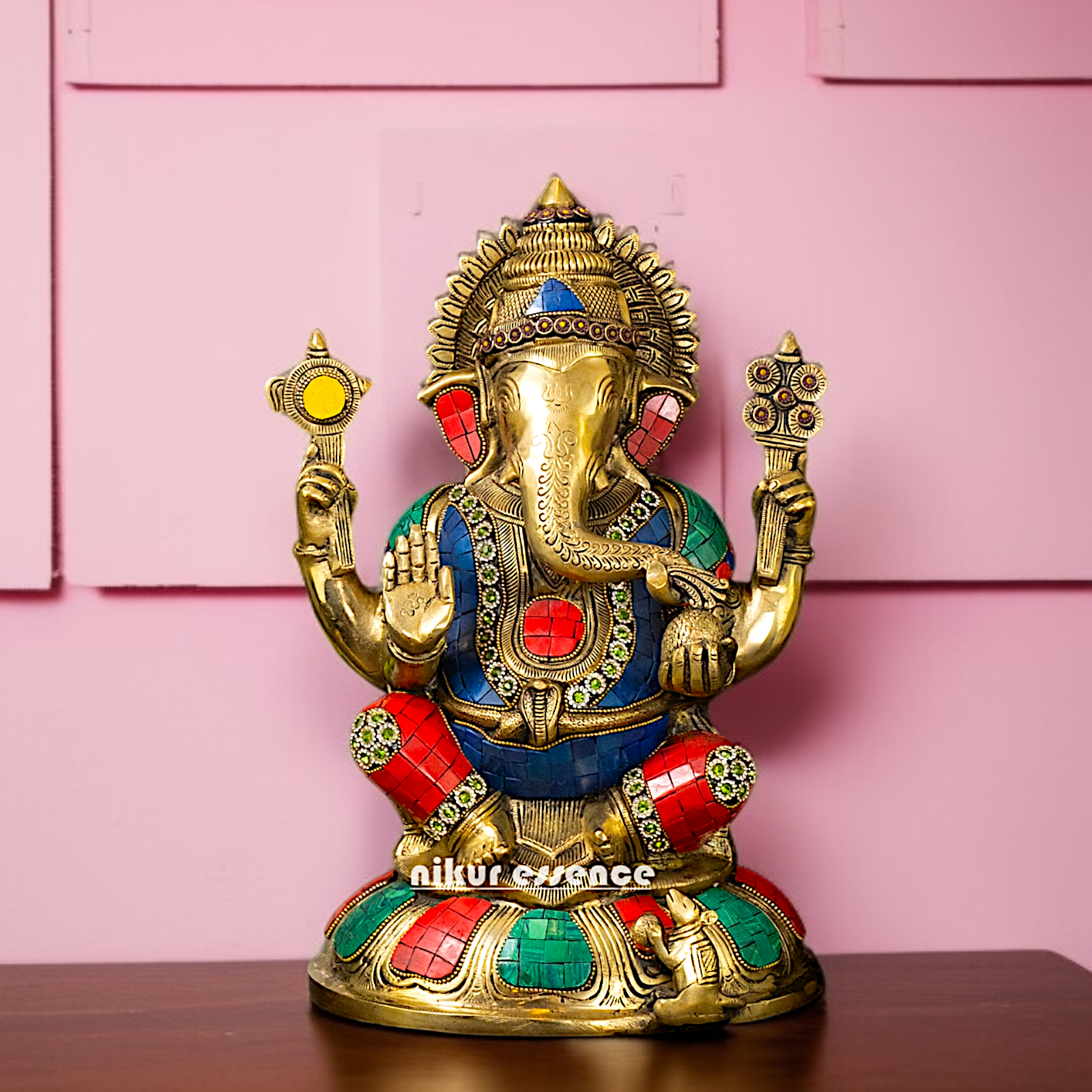 Brass Ganesha seated on throne with Four Armed stone work - 13 Inches Nikuressence