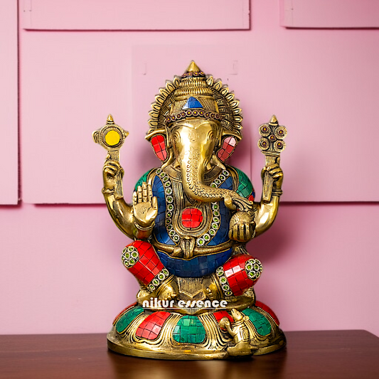 Brass Ganesha seated on throne with Four Armed stone work - 13 Inches Nikuressence