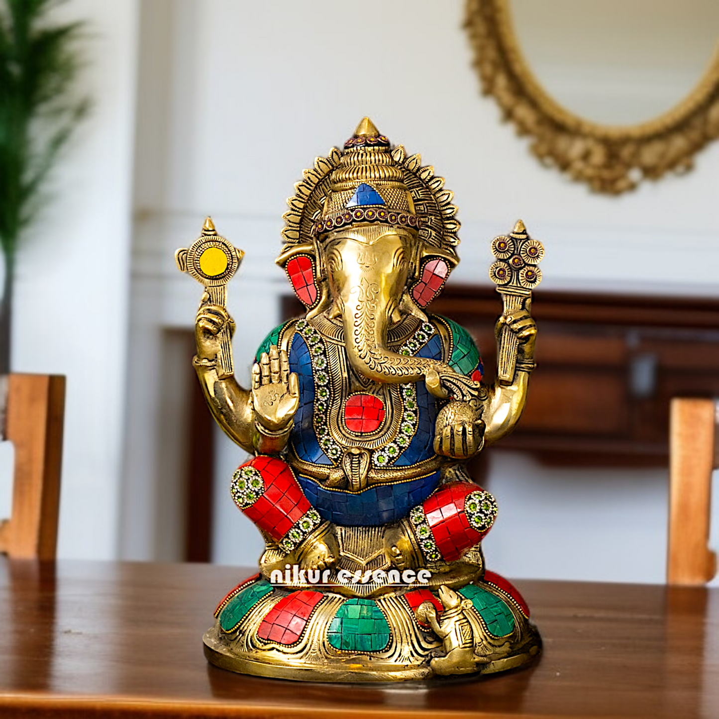 Brass Ganesha seated on throne with Four Armed stone work - 13 Inches Nikuressence