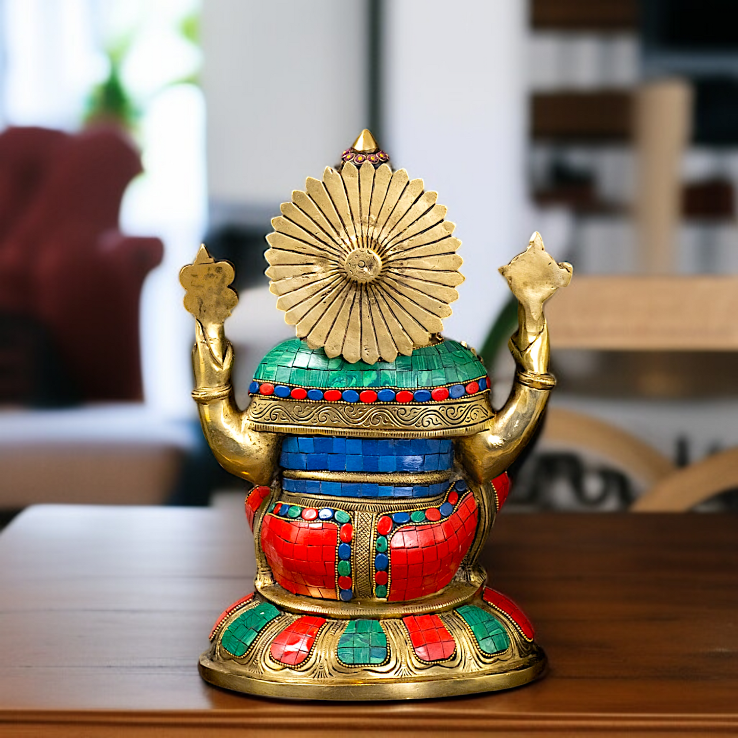 Brass Ganesha seated on throne with Four Armed stone work - 13 Inches Nikuressence