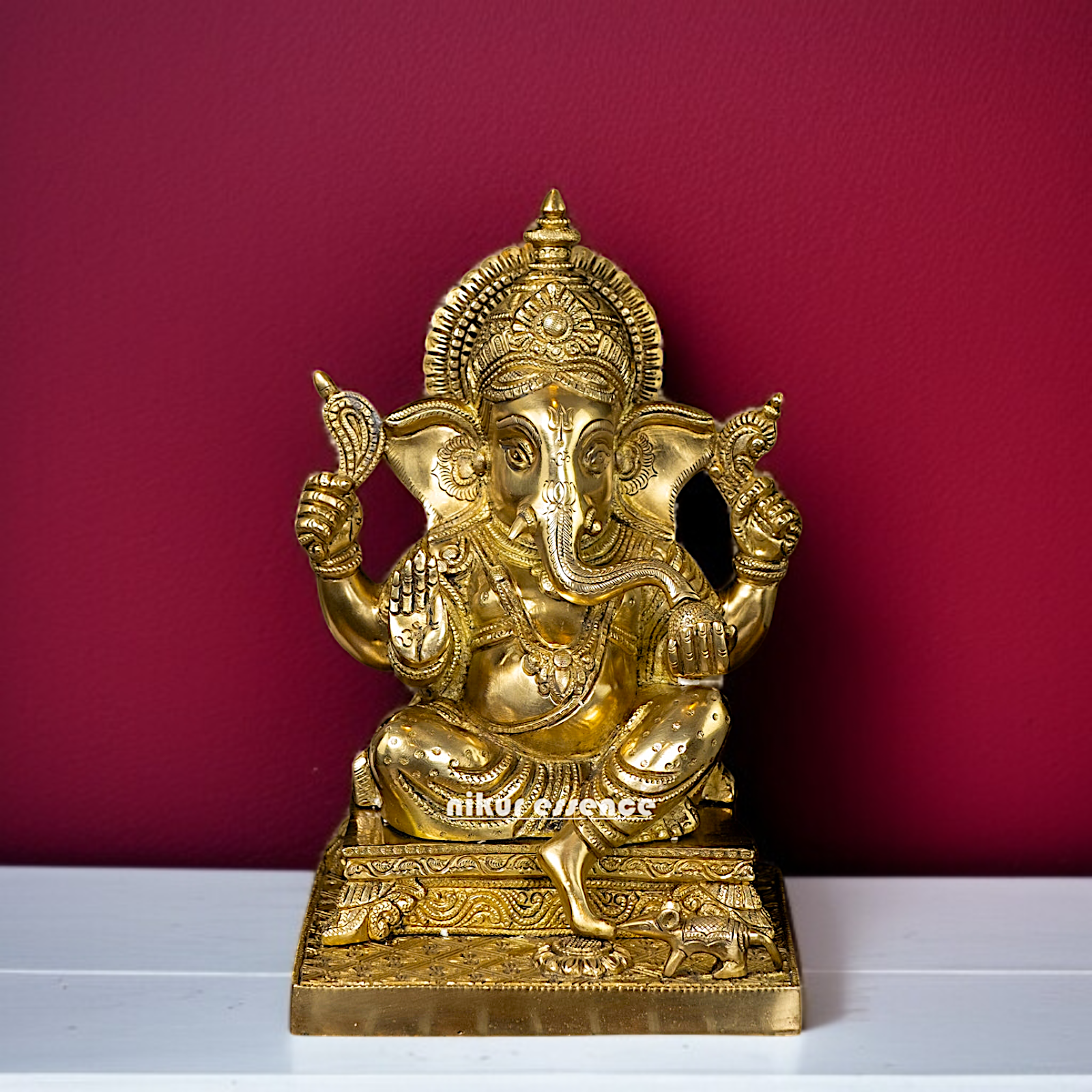 Solid Brass Ganesha with Blessing seated on throne idol - 11 inches Nikuressence