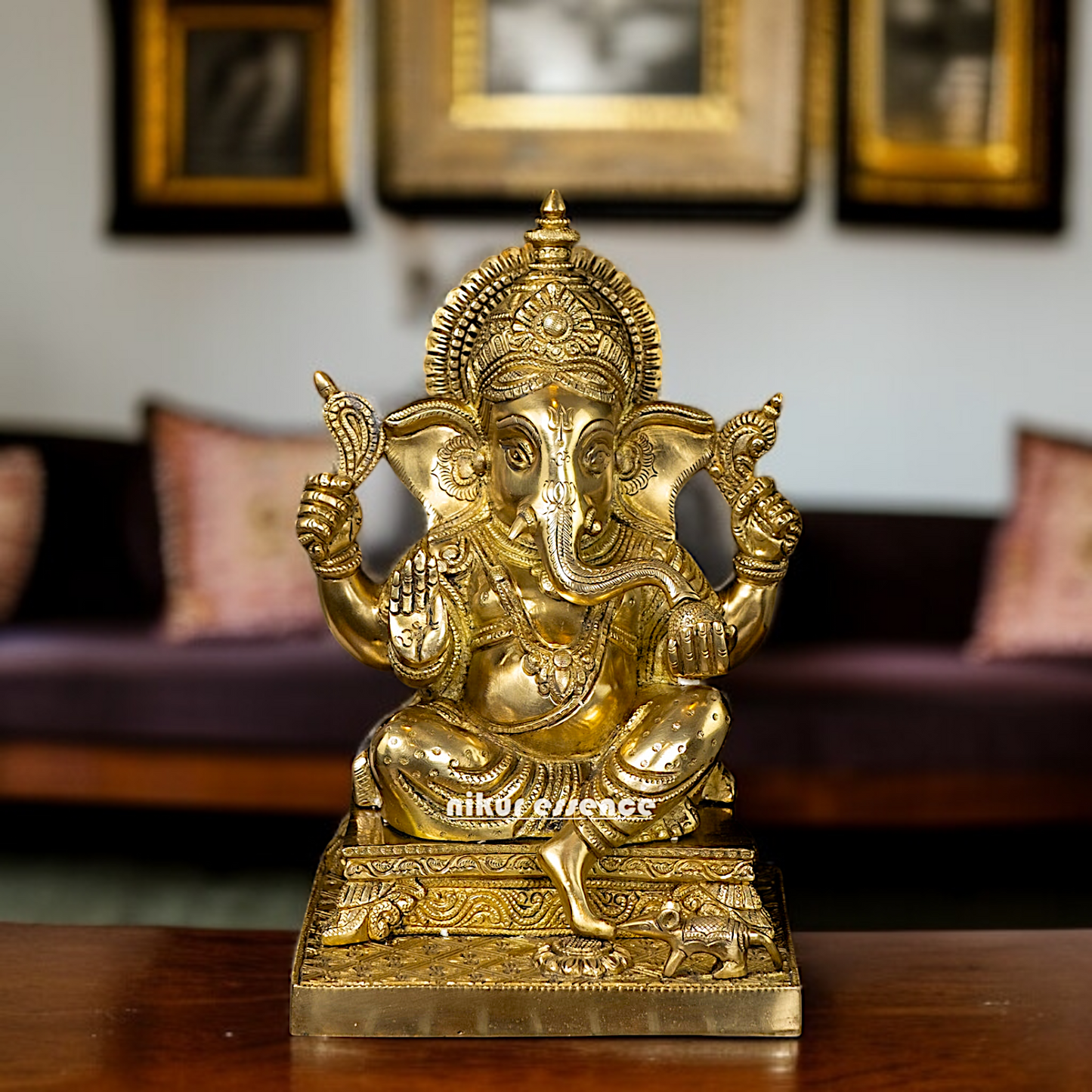 Solid Brass Ganesha with Blessing seated on throne idol - 11 inches Nikuressence